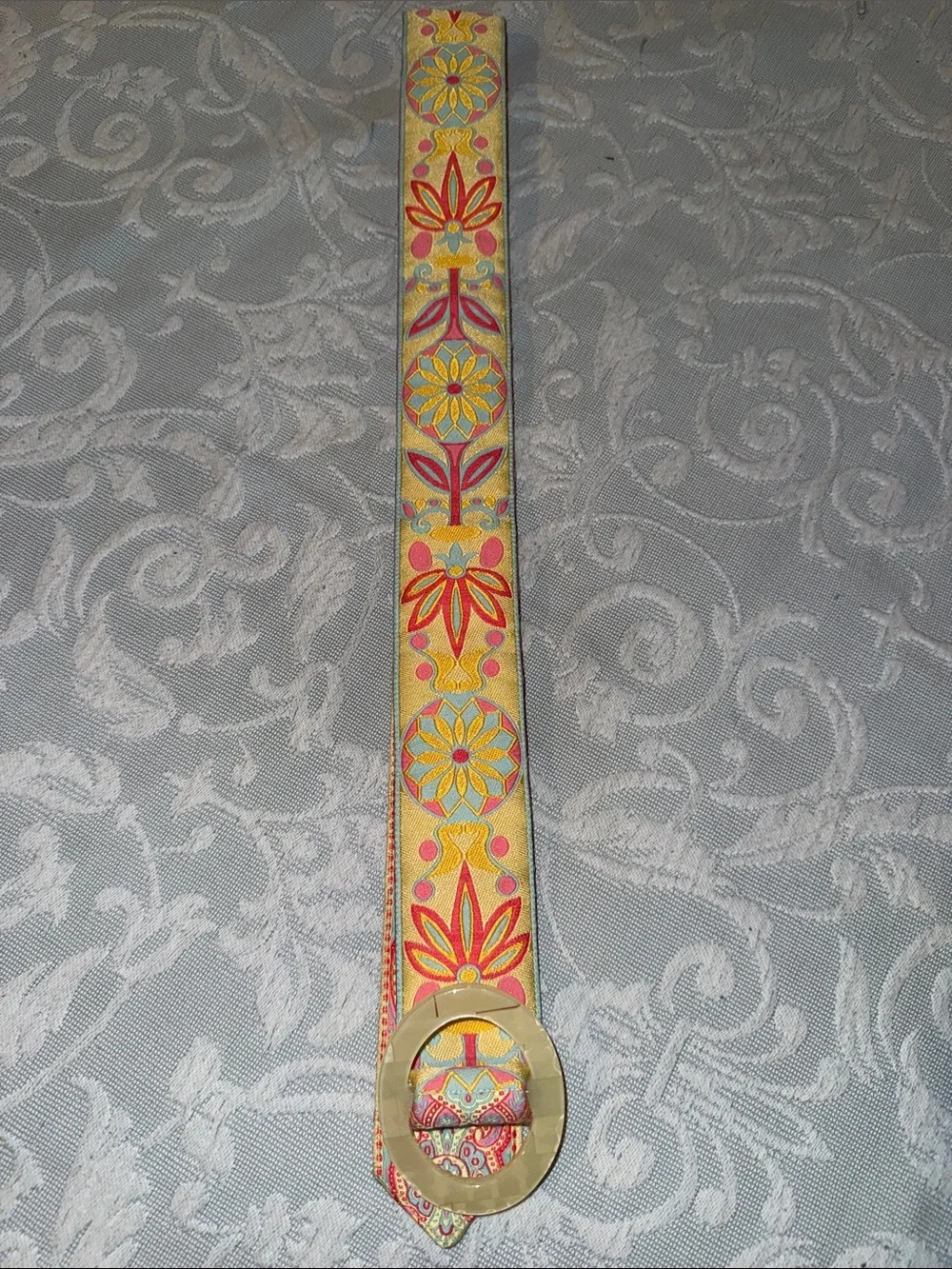 Embroidered Floral Jacquard Belt in Yellow and Pink Reversible